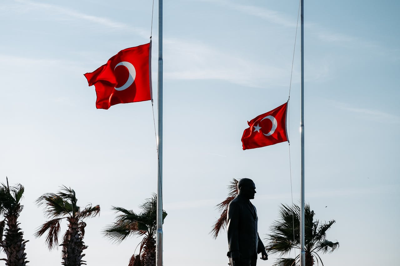 Silhouette of a figure near Turkish flags and palm trees under a clear sky.